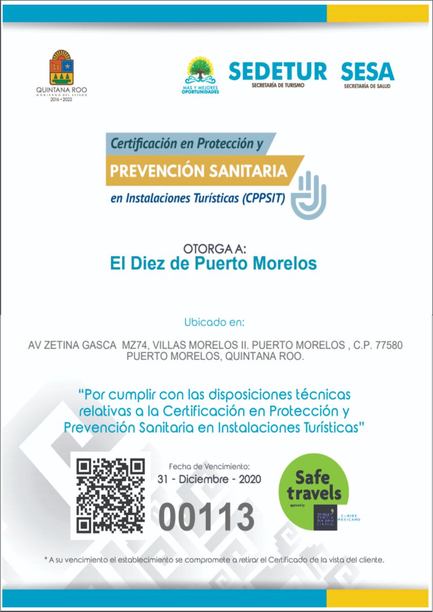 El restaurante El Diez de #PuertoMorelos obtuvo la Certificación en Protección y Prevención Sanitaria en Instalaciones Turísticas. Mis felicitaciones a los propietarios y a todo el personal por este logro. Generamos confianza para que los viajeros nos sigan visitando.