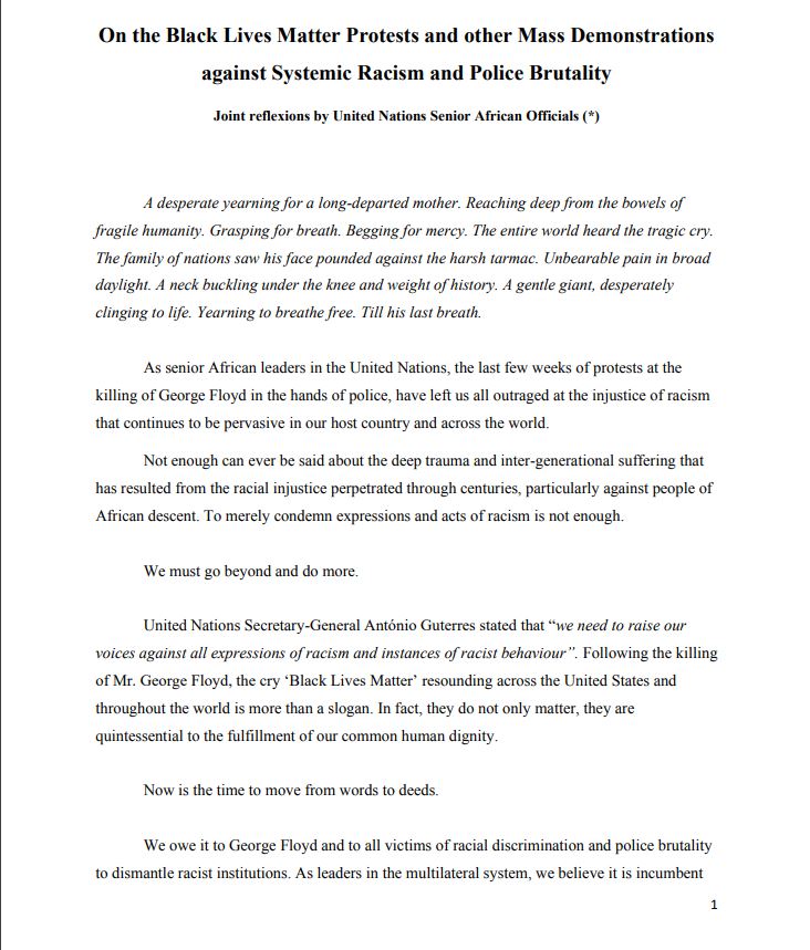 jkmamabolo's tweet photo. The Joint reflexions of a number of Senior African Officials, including myself, at the United Nations on the Black Lives Matter protests and Systemic Racism. https://t.co/OJnnvWc7cG