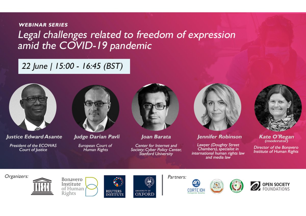 Bonavero Institute of Human Rights (@bonaveroihr) on Twitter photo At 3PM BST (GMT+1) on Monday, 22 June, we join <a href="/UNESCO/">UNESCO 🏛️ #Education #Sciences #Culture 🇺🇳</a> and <a href="/risj_oxford/">Reuters Institute</a> to organise a webinar on ‘The Legal Challenges Related to Freedom of Expression Amid the COVID-19 Pandemic’. See thread for more details about speakers. Register at:
law.ox.ac.uk/events/webinar… At 3PM BST (GMT+1) on Monday, 22 June, we join <a href="/UNESCO/">UNESCO 🏛️ #Education #Sciences #Culture 🇺🇳</a> and <a href="/risj_oxford/">Reuters Institute</a> to organise a webinar on ‘The Legal Challenges Related to Freedom of Expression Amid the COVID-19 Pandemic’. See thread for more details about speakers. Register at:
law.ox.ac.uk/events/webinar…