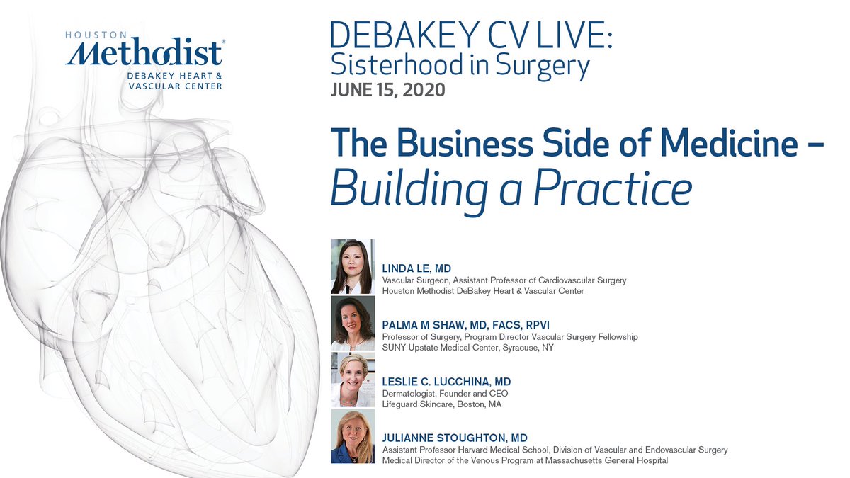 Don't miss today's episode of #CVlive 'Sisterhood in Surgery' as successful female physicians discuss the business of building a practice. Watch live at 5pm CST! @HMethodistCV bit.ly/2XhaQqb