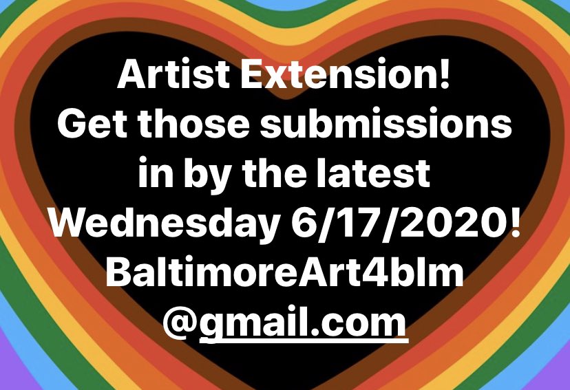 BA4BLM's tweet photo. ATTENTION ARTISTS! 
UPDATE! Extension for submissions is due on Wednesday 6/17/2020 at midnight! Please note you can find the artist’s welcome letter, guidelines, and consent form on Facebook or just email us at balimoreart4blm@gmail.com 
#BA4BLM 
#blacklivesmatter 
#baltimoreart https://t.co/9qu044Bbyc