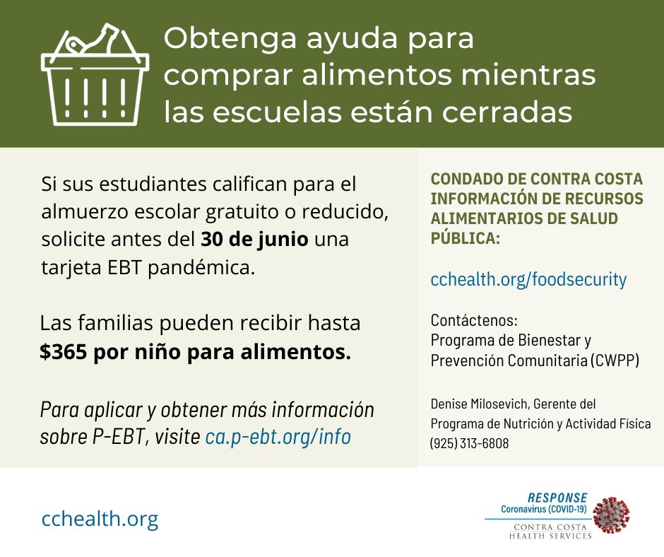 CoCoHealth's tweet photo. If your kids qualify for free or reduced school lunch, sign up today for a P-EBT card to help your family eat healthy this summer. Deadline June 30 -- info: https://t.co/dAHO4embZO https://t.co/ZWrEJwnzqv