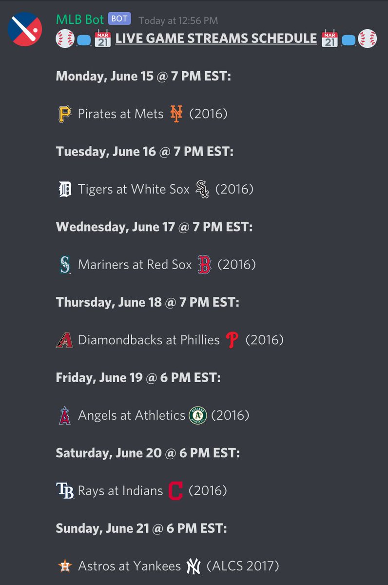 This week's MLB Chat Game Night Schedule! 

Watch here: discord.gg/FzEfW2K

#MLB #Baseball #MLBLive #LiveBaseball #Live #Chat #MLBChat #Discord