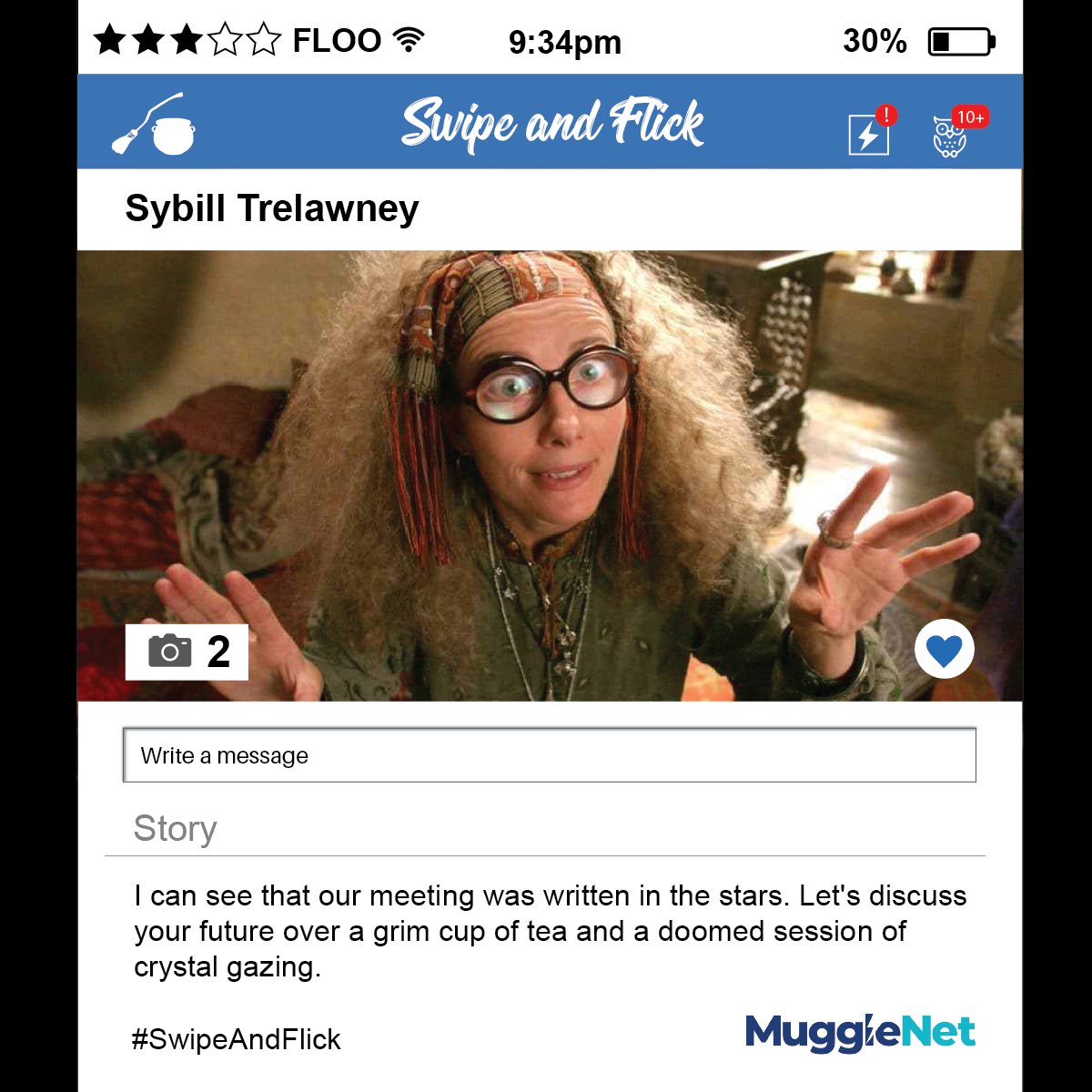 MuggleNet's tweet photo. It's Meet a Mate Week, so we wondered...what would #HarryPotter characters look like on dating apps?
First up on #SwipeAndFlick is the profile of Professor Trelawney—she'll know the future of your relationship before you go on your first date. 🔮
#Bumbledore #DatingApps #Hogwarts https://t.co/5J3a5eUJMi