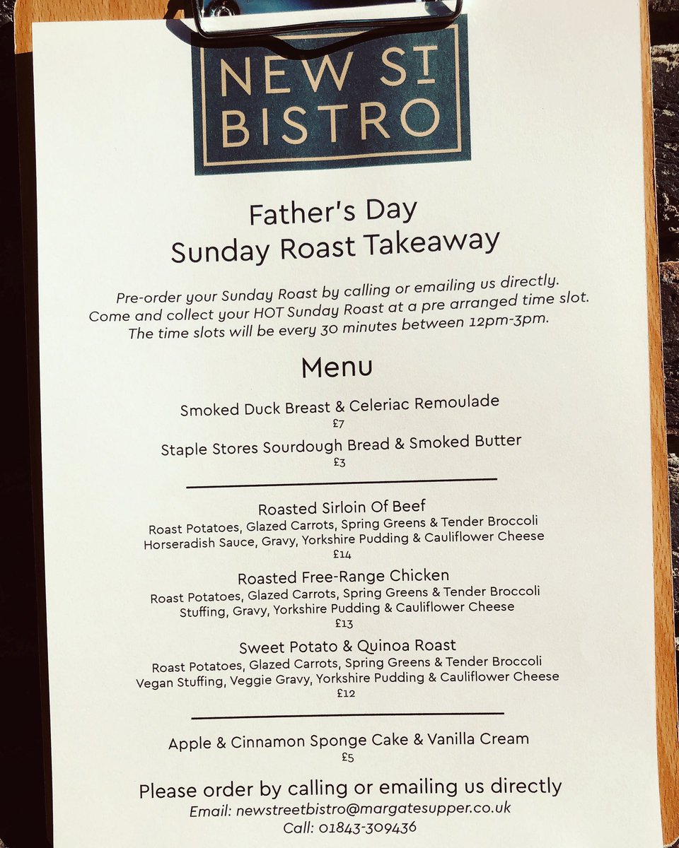 Margate_Supper's tweet photo. Our Father’s Day Sunday Roast menu is now live.
Treat your father figure to the best roast in town this weekend. 
.
Please place your order by emailing newstreetbistro@margatesupper.co.uk or call 01843-309436.

#fathersday #sundayroast #takeaway #takeawayfood #sundaytakeaway https://t.co/FuzqpLwrrR