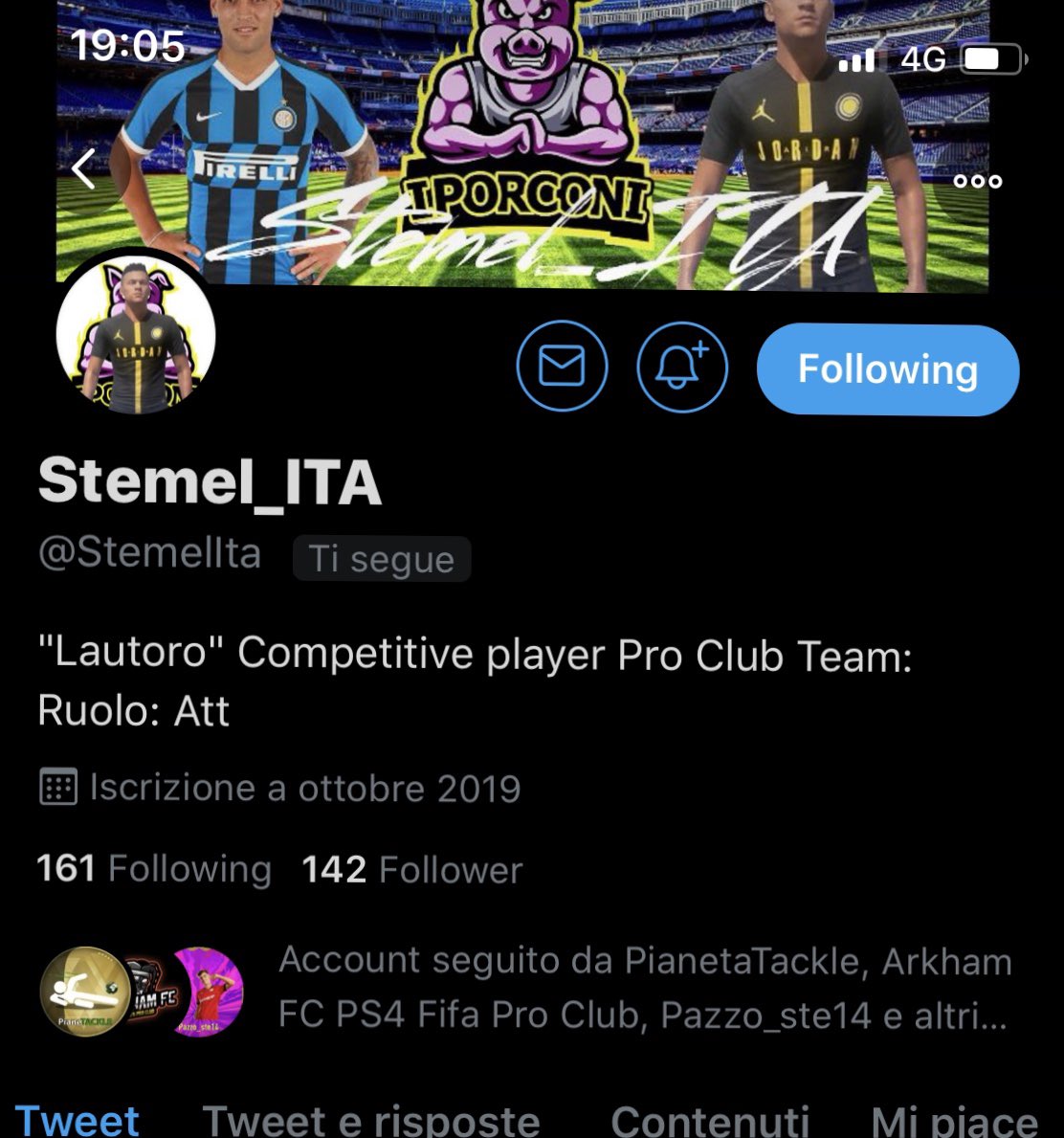 A nome di tutta la squadra dei <a href="/iporconi/">IPhorconi</a> ci dissociamo dai commenti di questa persona <a href="/StemelIta/">BSe_Stemel_ITA</a> non essendo più nostro player pur avendo ancora i nostri loghi come sfondo. 
@K1ngly9 
<a href="/NewsProclub/">News Proclub</a>
<a href="/pctransfermarkt/">🇮🇹 PRO CLUBS TRANSFERMARKT🔍</a>
@OffSidePage_
<a href="/RTAllProClub/">RETWEET ALL PROCLUB</a>
@rumors_pro
<a href="/MyProCard/">MyProCard</a>
<a href="/ILOVEPROCLUB1/">ILOVEPROCLUB1</a>