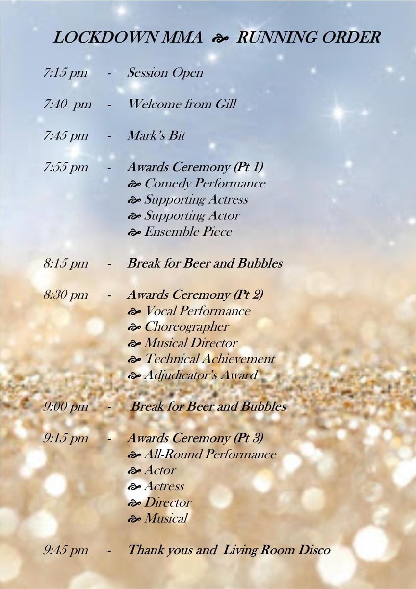 We are on the home straight now so will be posting information this week ready for Saturday's awards.  Tonight ...is the Running Order #lockdownMMA #TheFranks #Marvellous