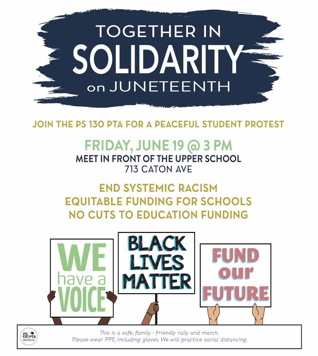 PS130PTA's tweet photo. Juneteenth protest THIS FRIDAY at PS130. DM if you'd like materials for your own school protest; we made generic versions for you! Our demands: end systemic racism, equitable funding for schools, &amp; no cuts to education funding. https://t.co/o0mBoLyCDV