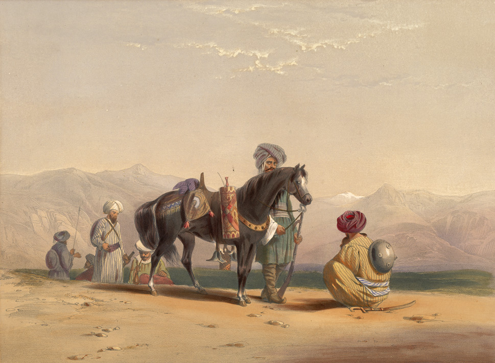 "Jânbâz" ( #Persian "Life Gamblers") Cavalry. The horse in the image has a box containing a Qalyân (pipe) and smoking equipment hanging from its saddle pomme. The  #British Library. Drawing by  #lieutenant James Rattray in 1848. #Khorasan