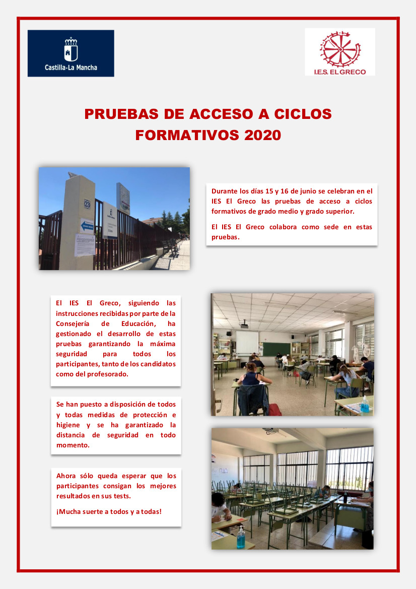 IESElGreco's tweet photo. PRUEBAS DE ACCESO A CICLOS FORMATIVOS 2020 El IES El Greco es sede de estas pruebas que se están celebrando garantizando la seguridad de todos los participantes @educajccm https://t.co/fG9ac0BYgz