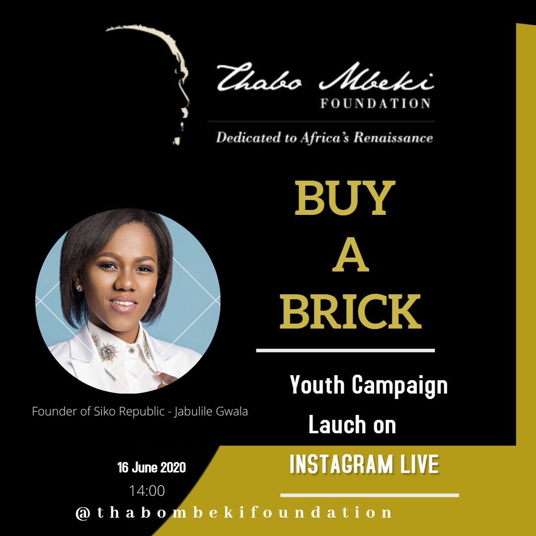 #ThaboMbekiFoundation will be  hosting an INSTAGRAM LIVE Dialogue on 16th June at 14:00 paying tribute to youth of 1976, Launching the #BuyABrick Campaign &amp; speaking  to special guests on their contribution to building Africa.

Follow the conversation on IG :@thabombekifoundation