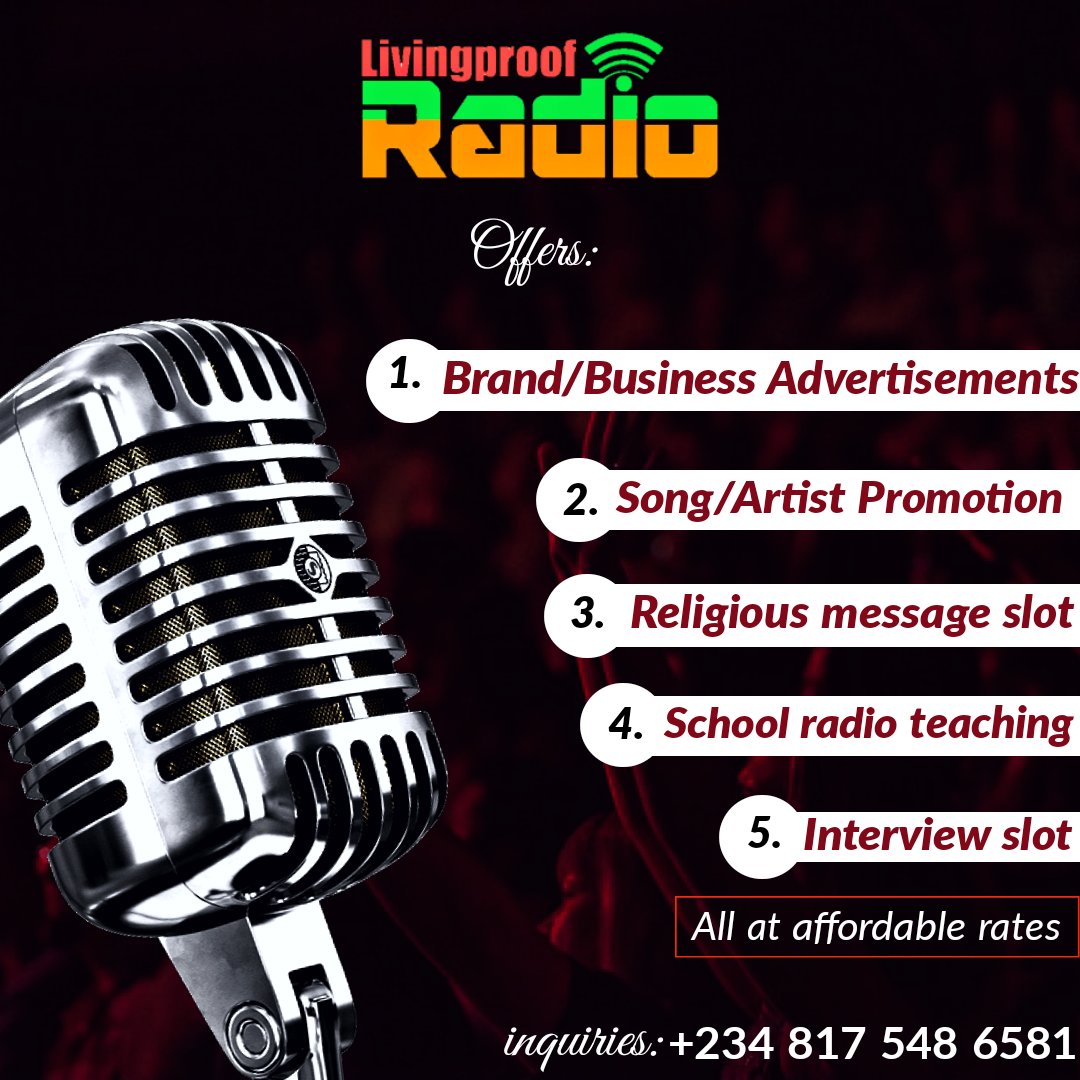 livingprofradio's tweet photo. For 

Song/artist promotion | Interview slot | Brand/Business Advertisements | Religious message slot | School radio teaching, 

call +234 817 548 6581.

Let's help you reach your target audience at affordable rate.

#Advertising #advertisement #radioadvert #radio #OnlineRadio https://t.co/reuPLGTL6U