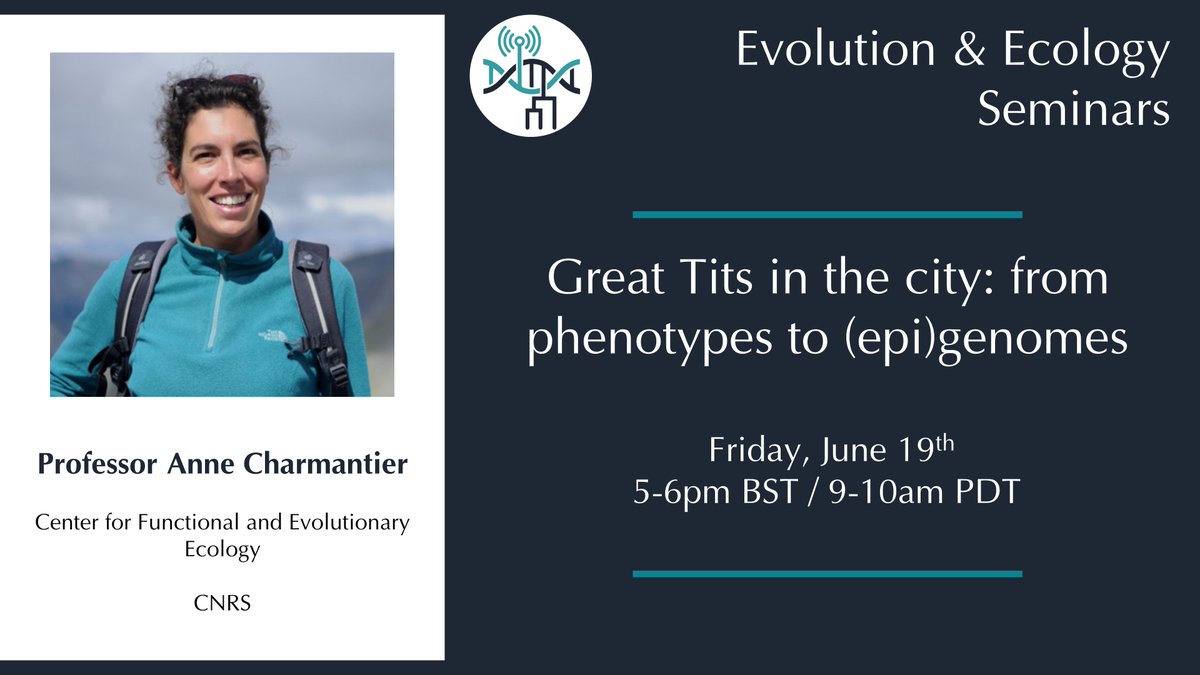 This Friday Anne Charmantier will be talking about the phenotypes and (epi)genomes of urban birds!

Live stream on YouTube: youtu.be/9XfrkUIK77I

Look up your local time: timeanddate.com/worldclock/fix…

Q&amp;A on Slack: bit.ly/EvoEco2