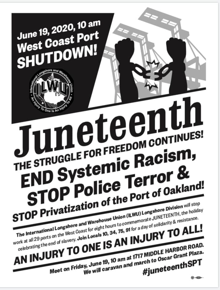 GWU_BayArea's tweet photo. The ILWU, one of the strongest and most militant unions in the US, will stop work at all 29 ports on the west coast to commemorate Juneteenth. Systemic Racism upholds Capitalism, but workers can stop it ✊🏿✊🏾

Join this historic action and raise the voices of labor! #JuneteenthSPT https://t.co/XOBKhRc3ut
