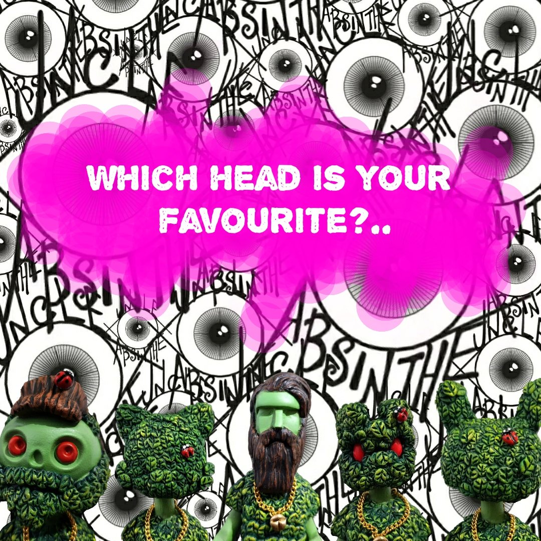 UncleAbsinthe's tweet image. Which head is your favourite so far? 🤜💚🤛

#uncleabsinthe #kidrobot #whereschappell #janky #superplastic #dunny #lunartik #ttc #koncretehaze #custom #thegreenmandem #greenman #designertoys #art #sculpture #leaves #nature #love #ladybird #toyfam #uk #beard