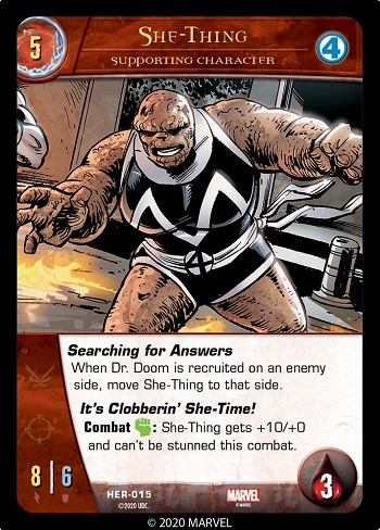DeconstructVS's tweet photo. She-Thing
Card Number: HER-015
Comic: Fantastic (2014). Issue 10, Page 9.
Penciler & Inker: @monkey__marc
Inkers: @inkerscott1
Colorist: @aburtov
Writer: #JamesRobertson
#vs2pcg #games #cardgames #marvel #marvelcomics #lcg #tcg #art #comicart #deckbuilder #upperdeck #Fantastic4 https://t.co/z5IWOZ0kBv