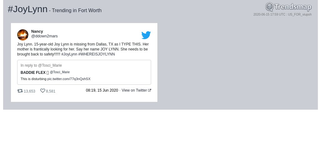 TrendsFortWorth's tweet photo. #joylynn is now trending in #FortWorth

https://t.co/MdIhSgVqbm https://t.co/qMEQ7Je1Cz
