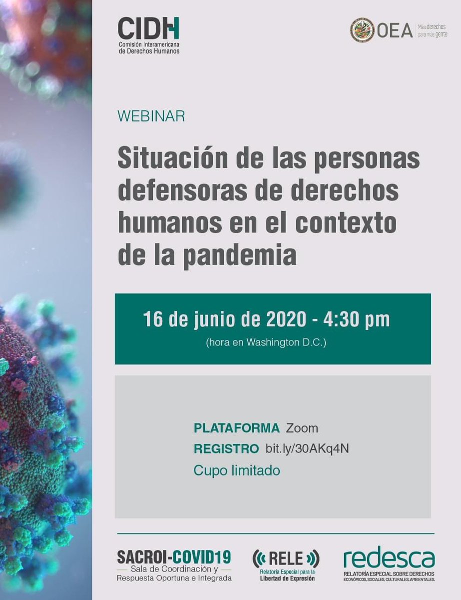 RDenOEA's tweet photo. La @CIDH te invita a este Webinar👇
📌Situación de las personas #DefensorxsDDHH en el contexto de la pandemia
🗓16/06/2020
⏰5.00 PM Washington DC
✍️Regístrate aquí👉🏾 https://t.co/LWem9d2NgO
Cupos Limitados https://t.co/JQH1Uydy81