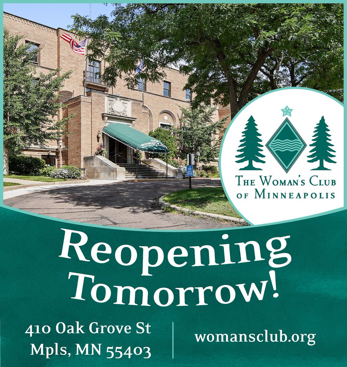 Tomorrow is the big day! We've dearly missed our Members, friends and family, and we are thrilled to safely reopen our doors to our amazing Loring Park and Minneapolis community. 

Click below to see our reopening guidelines and safety policies. womansclub.org/about-us/club-…