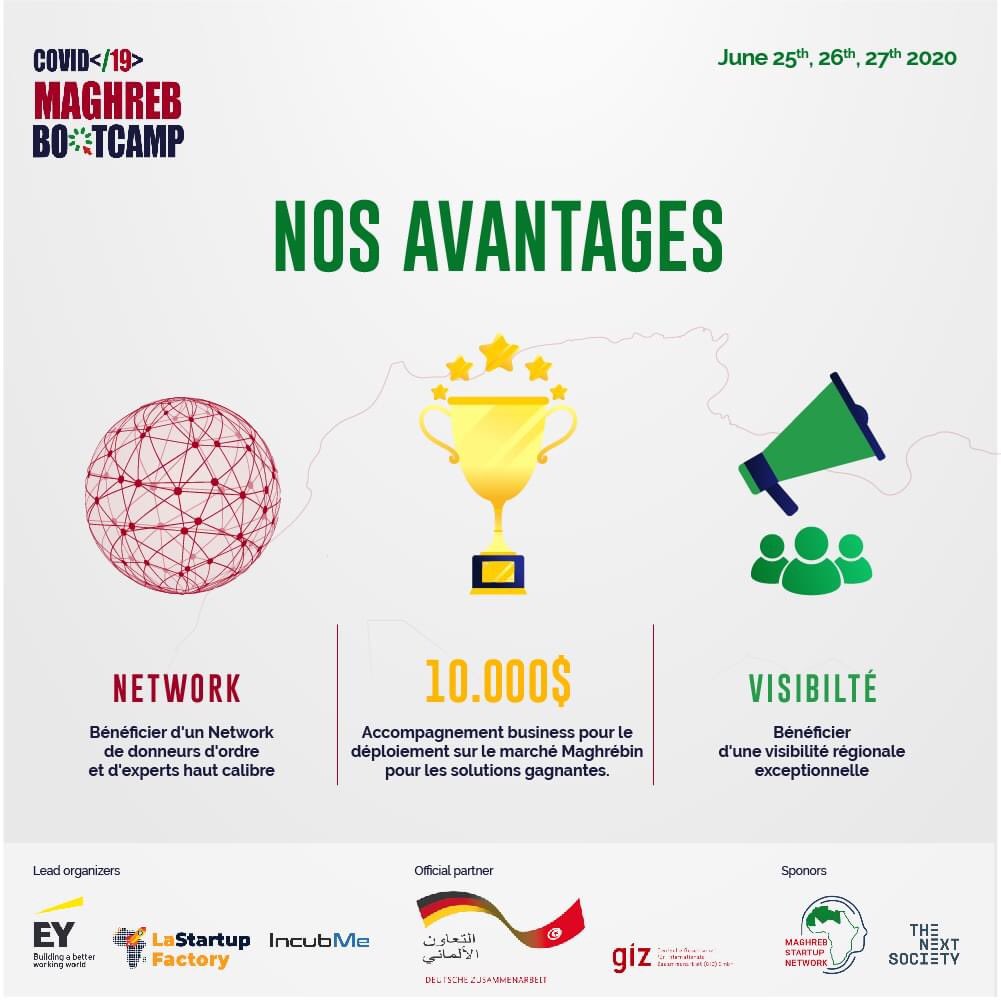 Join #Covid19_MaghrebBootcamp and get: 

☑️A network of high-caliber experts;
☑️Exceptional regional visibility
☑️Business support for the deployment on the Maghreb market for winning solutions with a price of 💸 $ 10,000💸

Apply now:
covid19.maghreb-startup-network.org

#StrongerTogether