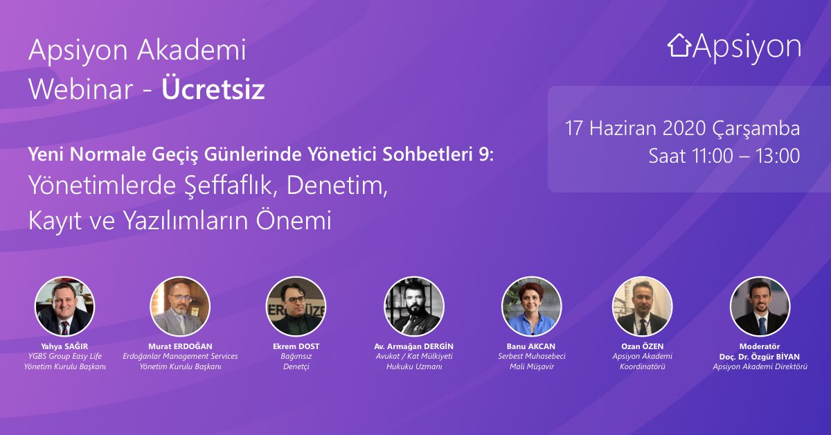 17 Haziran 2020 Çarşamba Saat 11:00 de  çok değerli konuklarımızla #apsiyon ile Yeni Normale Geçiş Günleri 9. sohbetimizde  "Yönetimlerde Şeffaflık, Denetim, Kayıt ve Yazılımların Önemi" 'ne değineceğiz. Hile ve suistimalleri nasıl önleriz ? Detaylar 👉 bit.ly/37wJShL