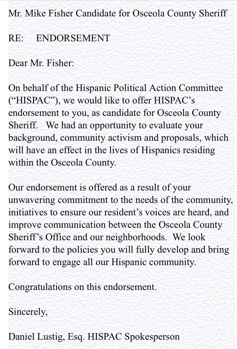 Mke_Fisher's tweet photo. I am honored to receive The Hispanic Political Action Committe of Florida’s (HISPAC) endorsement to be your next Osceola County Sheriff!  I thank them for recognizing my background as a leader who understands the issues and can truly bring change. https://t.co/VxvH6zYm9Z