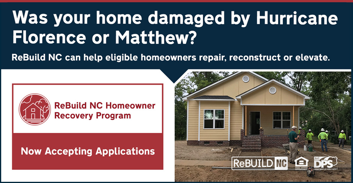 OnslowES's tweet photo. Did you know: @ReBuildNC_gov is accepting applications for the Homeowner Recovery Program. The program helps homeowners whose homes were damaged by Hurricane Florence or Matthew. Learn more: https://t.co/9yB4QsqksO #ReBuildNC https://t.co/YwzaRWWn2v