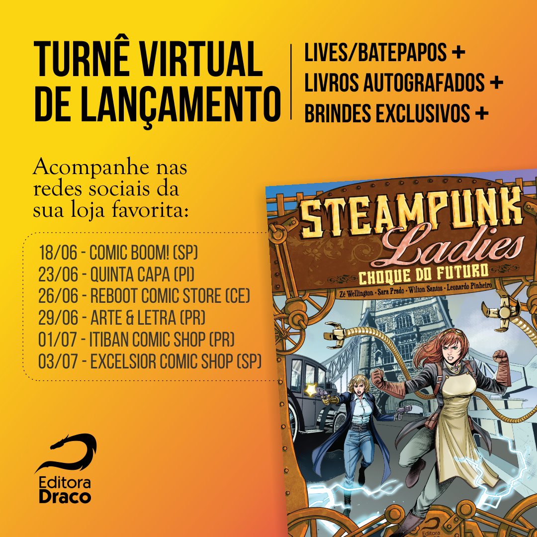 Sem poder sair da cidade (e de casa), articulei uma TURNÊ VIRTUAL DE LANÇAMENTO do meu novo quadrinho. São 6 eventos online + venda de quadrinhos autografados com pôster e adesivo de brinde. As lives vão rolar no Instagram das lojas e você compra direto com elas. Ajudem com 1 RT!