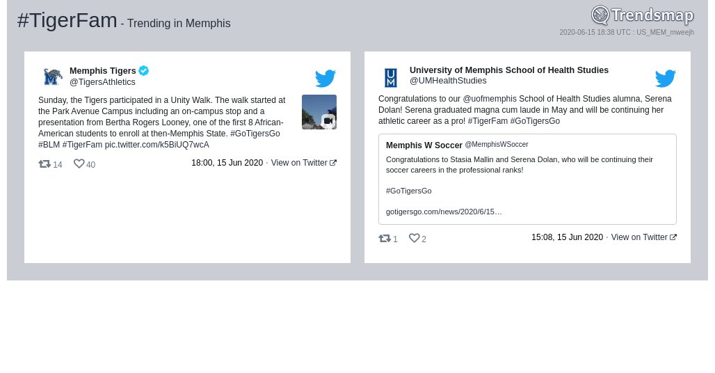 TrendsMemphis's tweet photo. #tigerfam is now trending in #Memphis

https://t.co/rRnvlSAQgf https://t.co/UccyoYo5qY