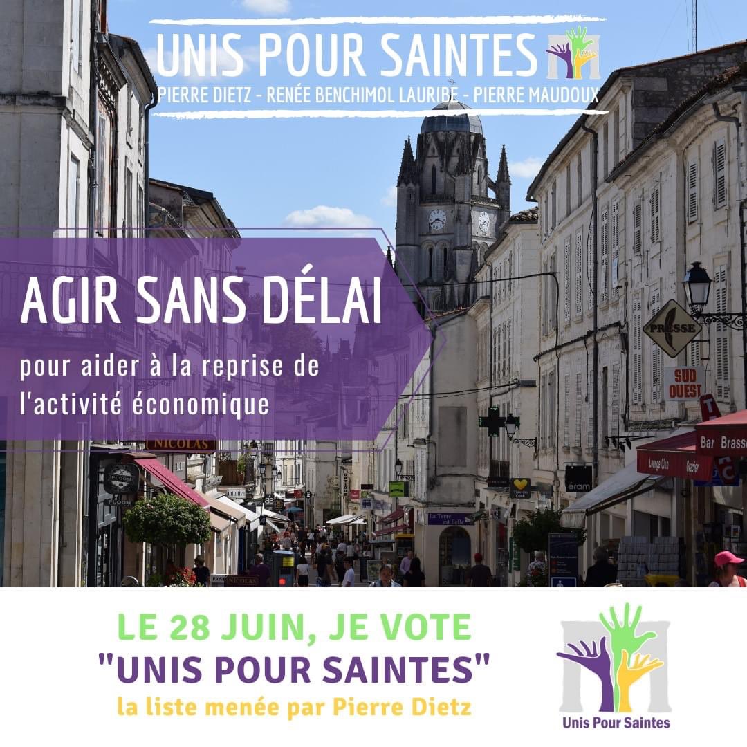 DietzPierre's tweet photo. La crise sanitaire actuelle va évoluer en crise économique. Pierre DIETZ et l'équipe d'UNIS POUR SAINTES vont tout mettre en oeuvre pour soutenir l'activité économique de la ville et de son territoire. Soyons unis face à la crise, avec la volonté d'agir ! Le 28 juin, votez Dietz https://t.co/jn1XQe7KXi