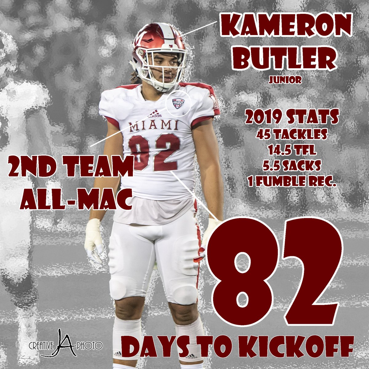 82 days until <a href="/MiamiOHFootball/">Miami Football</a>
 kicks off the season at PITT. Junior 
@kbzzz__ was 2nd-Team All-<a href="/MACSports/">MACtion</a> last year. He had 45 tackles, 14.5 TFL, 5.5 sacks and a fumble recovery. He's on my #NFLDraft watch list! #JACreativePhoto #JA