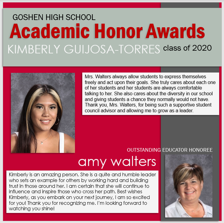 Class of 2020 Academic Honors recipient Kimberly Guijosa-Torres. Kimberly will be attending Saint Mary's College to study Education or Biology. She choose Amy Walters as her Outstanding Educator Honoree. Congrats, ladies! RedHawk Proud!