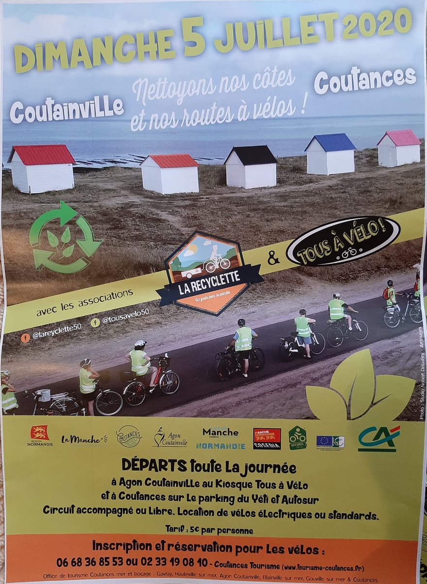 Avec l'association Tous à #vélo, nous organisons une #randonnée destinée à ramasser les #déchets sur nos #routes et nos #côtes dans les environs de #Coutances et d'#Agon-#Coutainville. Réservez votre dimanche 5 juillet et un vélo, et venez faire une bonne action. #Manche