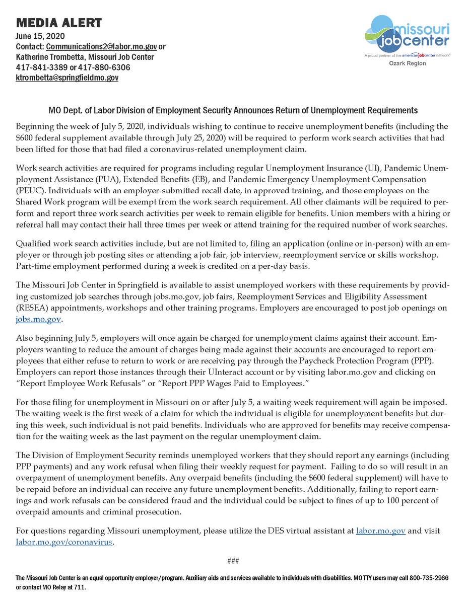 SGFJobCenter's tweet photo. Please share this important information from the Missouri Department of Labor regarding unemployment benefit changes effective July 5, 2020. Call us or come by for job search assistance, training opportunities or RESEA appointments. https://t.co/YNEOmkRPEM