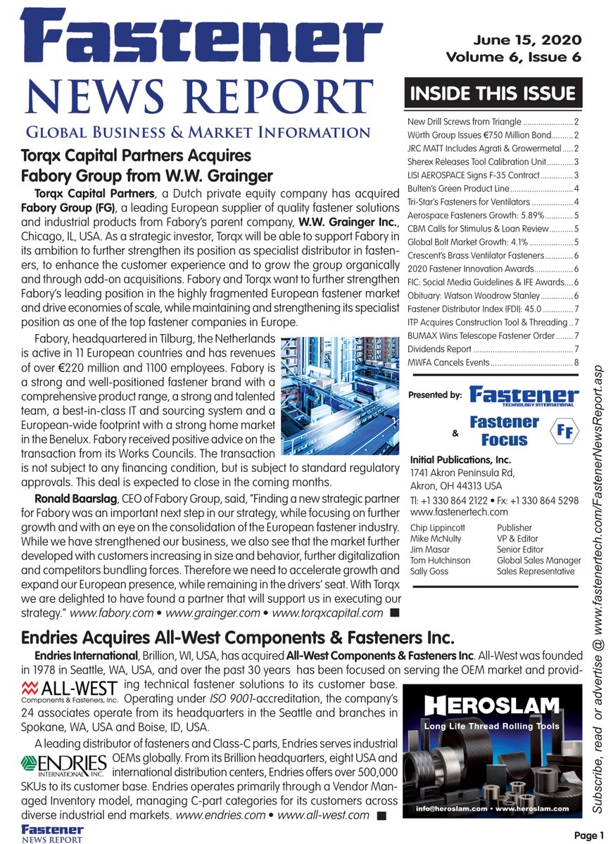 The June 15 issue of FTI's Fastener News Report newsletter is online. Read the flip book edition here online.pubhtml5.com/ksyg/xifd/. Visit fastenertech.com/fastenernewsre… for details on the PDF and print editions as well as on editorial and advertising opportunities.