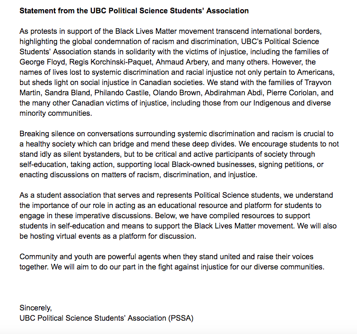 UBCPSSA's tweet photo. PSSA stands in solidarity with victims of racial injustice. 

Please read our statement with a list of resources consulted by @UBCBSU for self-education, organizations to follow, links for donations, and more. 

https://t.co/w9NjJ71aUy https://t.co/zrIJ4kMPzX