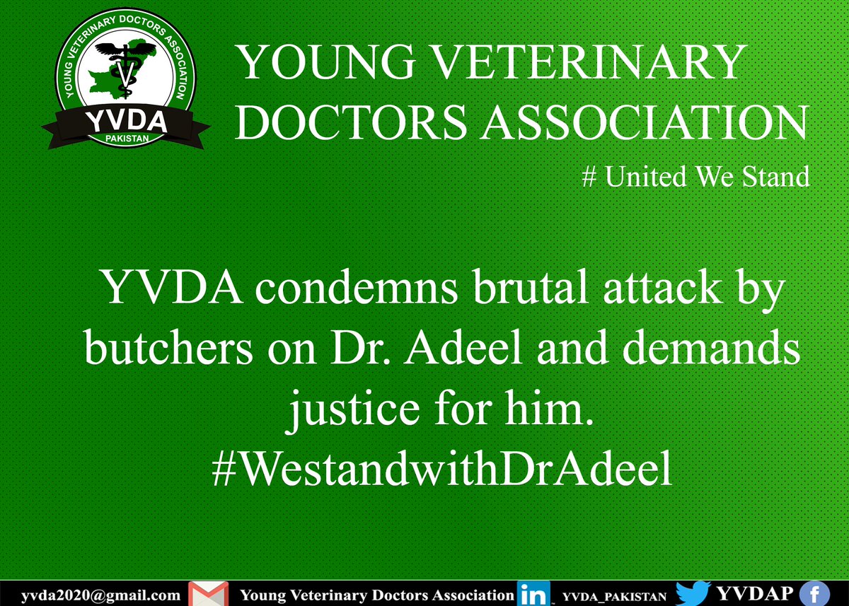 YVDA_PAKISTAN's tweet photo. YVDA condemns brutal attack on our fellow Veterinarian Dr Adeel and demands justice for them.
Please use #WestandwithDrAdeel to show your support and we request @ImranKhanPTI @UsmanAKBuzdar to take immediate notice and direct the concerned authorities to take action. https://t.co/fOLz9VNAbI
