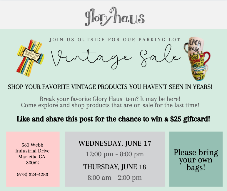 HELLO!  We wanted you to know:

1. This sale will be outside in the PARKING LOT.
2. This will be a DIFFERENT sale with VINTAGE + CLASSIC items.
3. Bring a BAG to fill with your bargains.

"Like" and "Share" to be entered to win a $25 gift card.