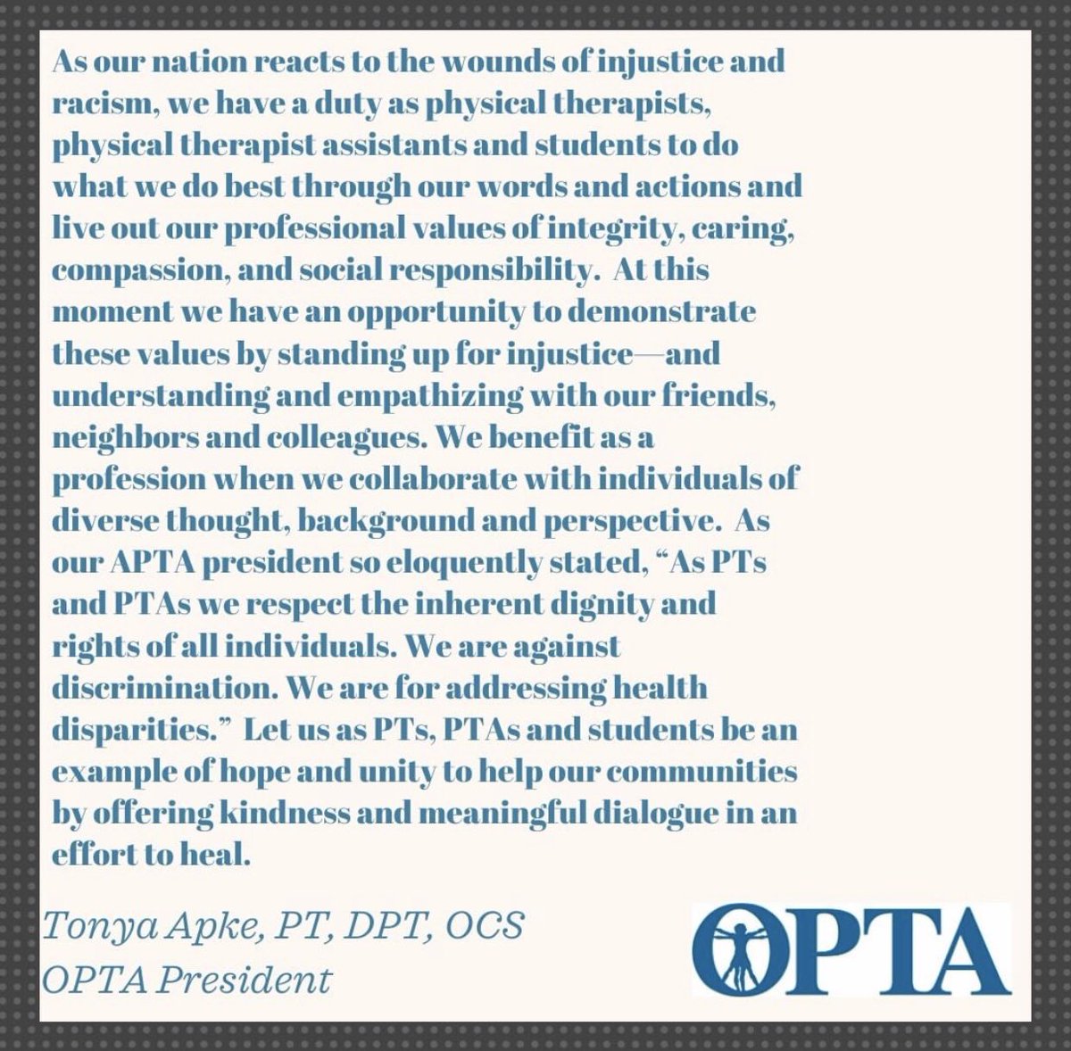 We echo the sentiments of our OPTA + APTA presidents. We see you. We hear you. We are developing tools to help educate our district on areas of health disparity to better serve you.
✊🏻✊🏼✊🏽✊🏾✊🏿