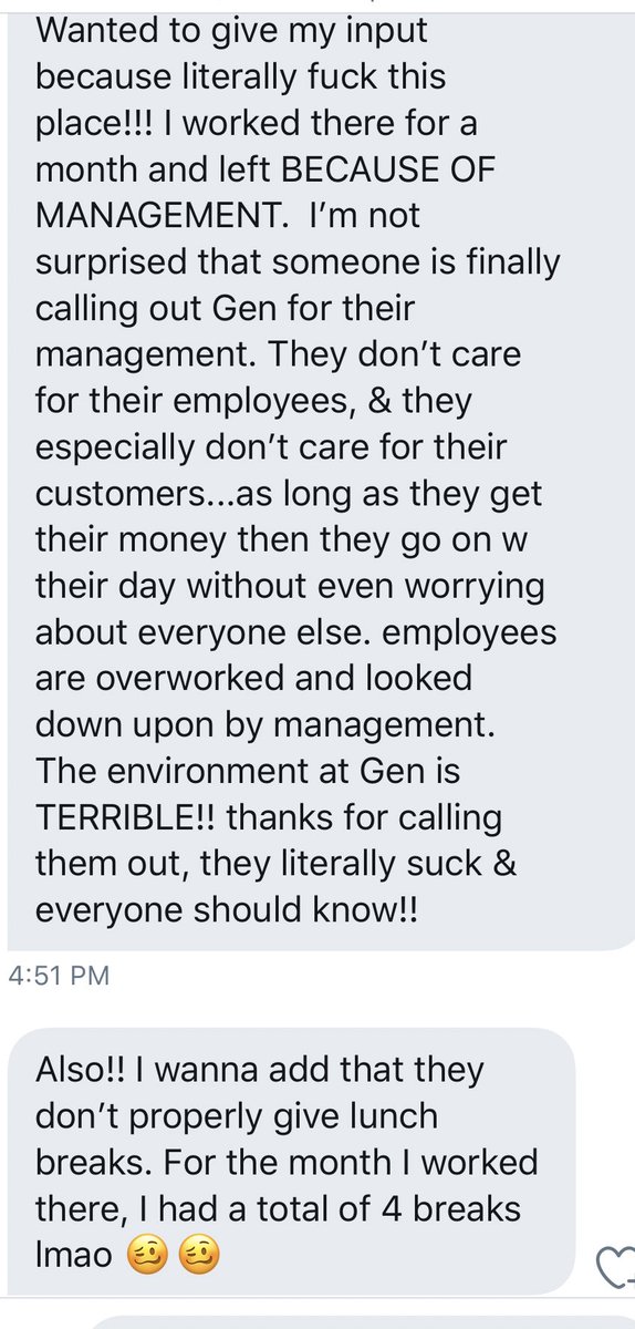 THREE DIFFERENT EMPLOYEES SPEAKING OUT ON GEN’S ABUSIVE TREATMENT AND DISGUSTING LACK OF ACKNOWLEDGEMENT TOWARDS THIS PANDEMIC.