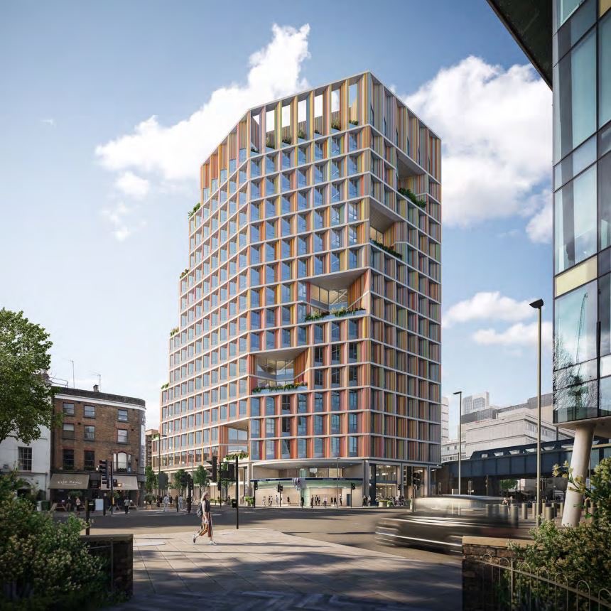 PaulWellman_'s tweet photo. Big fan of this eco-friendly CLT built office scheme proposed by TfL above Southwark tube station. But mainly because the facade is made up of the tube’s colour palette. https://t.co/y8E6rsVHRG
