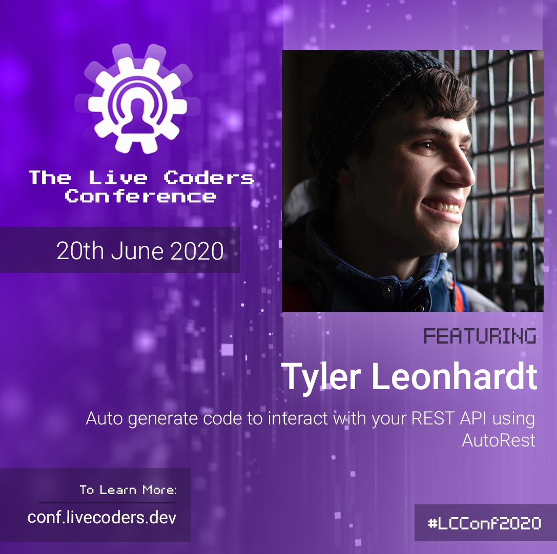 thelivecoders's tweet photo. LIVE DEMOS π
It's almost time for #LCConf2020!
Have you checked out @TylerLeonhardt's talk?
β‘ "Auto generate code to interact with your REST API using AutoRest" at 5:30pm EST on June 20th on https://t.co/SbVnAYOrCv https://t.co/dchwzf8b4q