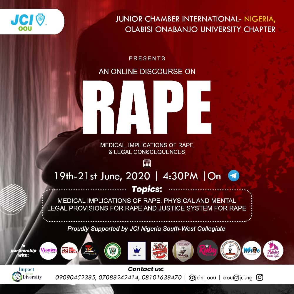 Mhoeyin_jr's tweet photo. There would be a 3day discussion  on rape organized by JCIN OOU 
Dare: Friday 19th - Sunday 21st of June
Time: 4pm daily 
Venue: Telegram https://t.co/Ja9hAetQvG

Everyone is welcomed 
#StandAgainstRape #NoToRape #JCINOOUDOR #JCINOOU
#Teamfilter20
#odogwuTacha https://t.co/xriFQHmTHq