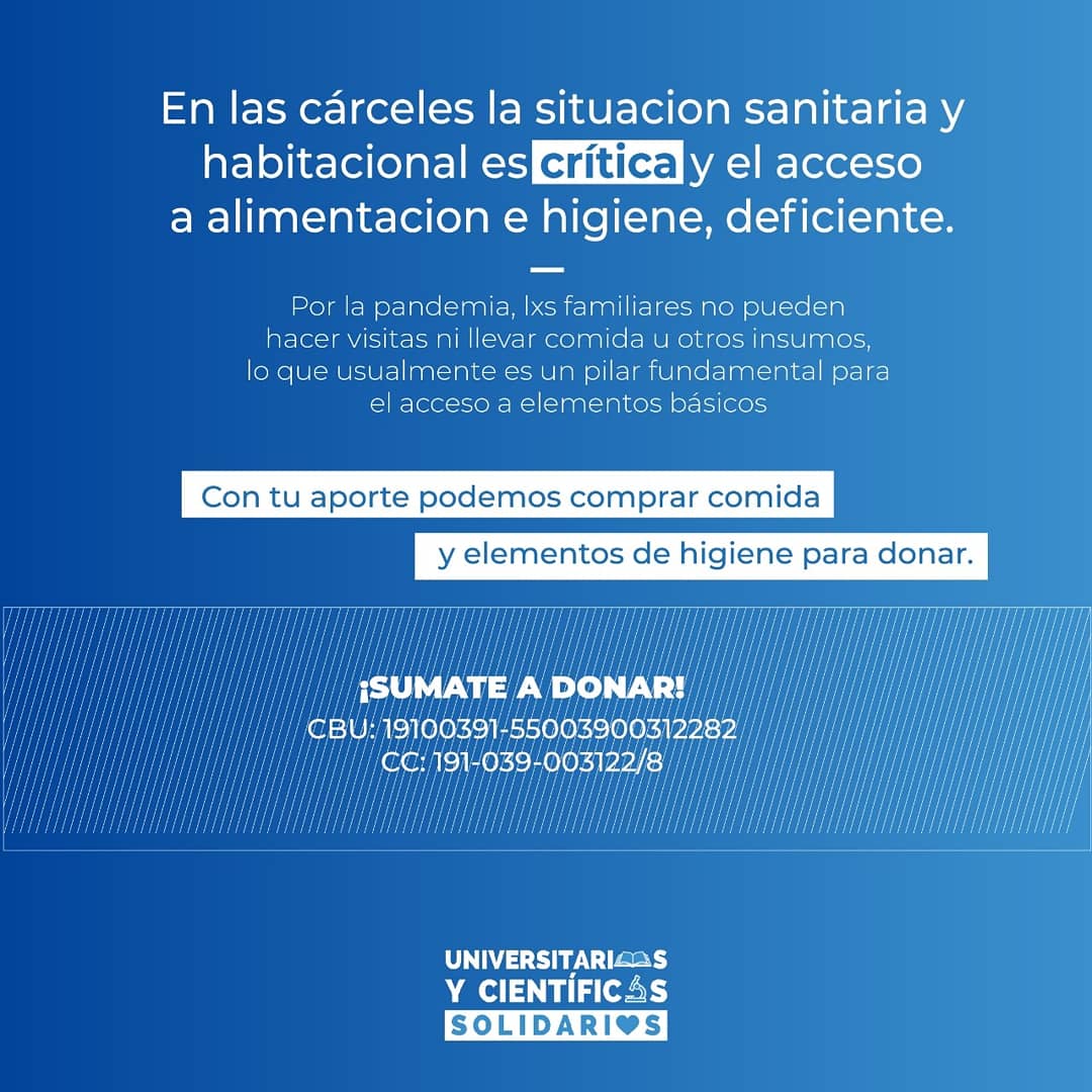feduba's tweet photo. Desde Universitarxs y Científicxs Solidarixs nos proponemos colaborar con lxs estudiantes
de la UBA privadxs de su libertad en los penales de Devoto y de Ezeiza. 
➡️CBU: 19100391-55003900312282
CC: 191-039-003122/8
#COVID19
#QuedateEnCasa 
#UniversidadSolidaria 
#UyCS https://t.co/dmemc8ogpW