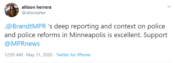 Take for example,  @BrandtMPR. He’s covered community policing and race relations in Minneapolis for more than 20 years. His perspective is unparalleled.