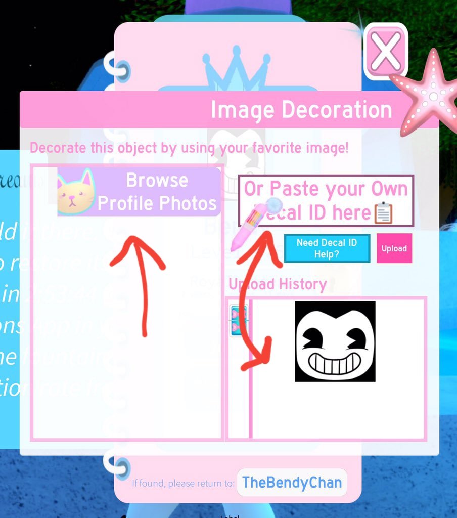 Bendy Chan On Twitter Just Click On The Pfp And You Should See This You Can Either Use A Decal Id That You Want To Use Or You Can Use The - what is the most favorited decal in roblox