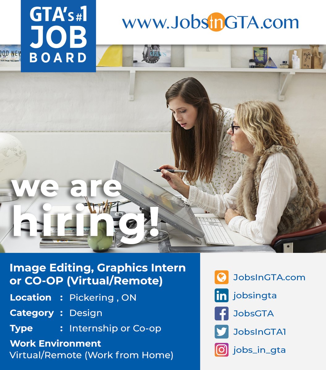JobsInGTA1's tweet photo. We're hiring ! We're looking for Image Editing, Graphics Intern or CO-OP (Virtual/Remote)
Apply: https://t.co/xUt98lbNQW
#JobsInGTA #WorkFromHome #RemoteJobs #VirtualWork #Internship #editing #GraphicsJobs #Hiring #TorontoJobs #StayHome #StaySafe #MondayMotivation #Pickering https://t.co/mGf4oZpFgq