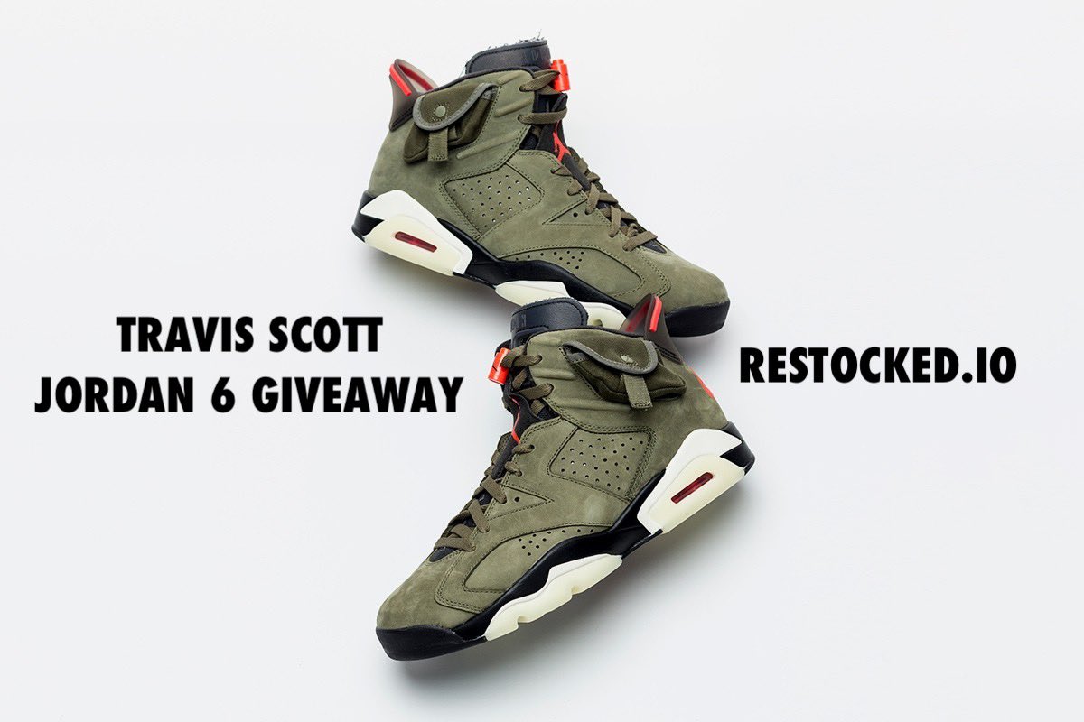 Restockedio's tweet image. Don’t miss another restock! To celebrate the launch of Restocked.io we are giving away a pair of Travis Scott Jordan VI! To enter, retweet and reply to this tweet with your shoe size. MUST be following! Good luck!