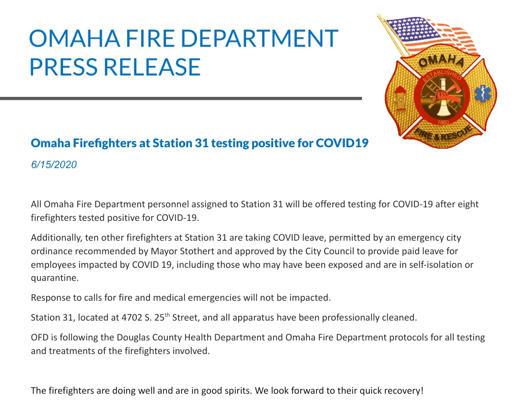 omaha_scanner's tweet photo. All @OmahaFireDept personnel assigned to Station 31 to be offered #COVID19 testing after eight firefighters test positive.  An additional 10 firefighters from the station are on leave.  The firefighters are doing well and are in good spirits. https://t.co/53wxChrvzF