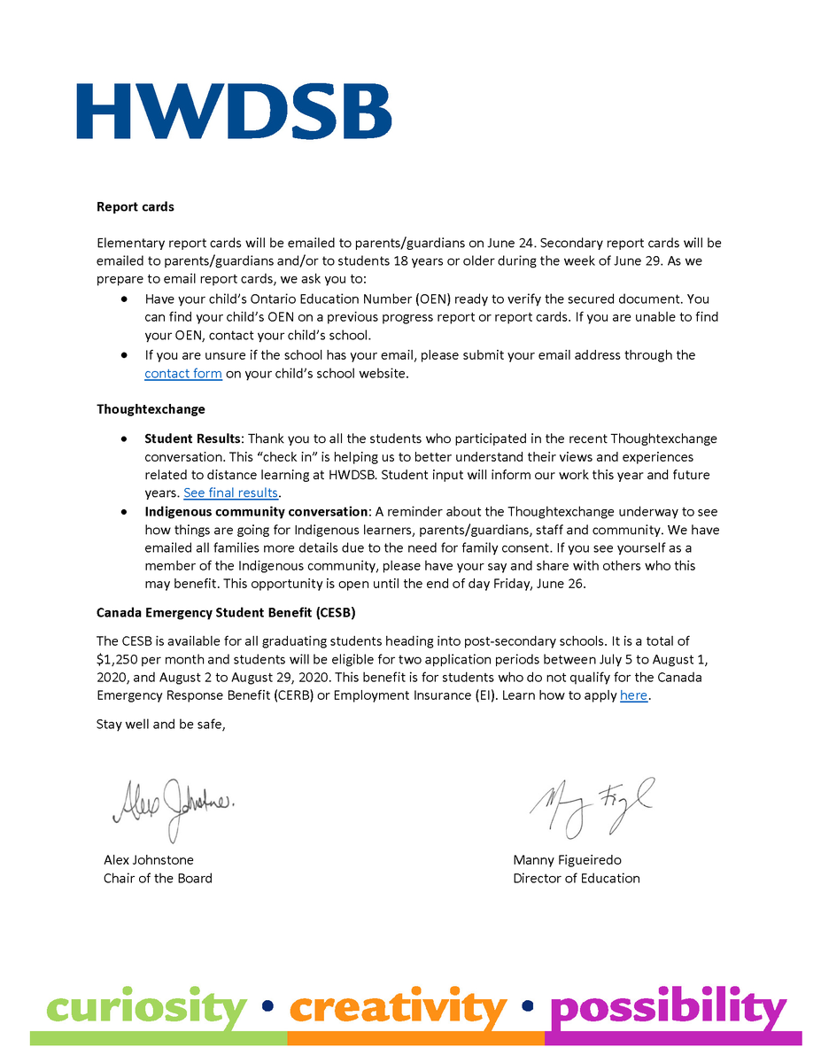 Our COVID-19 update for families has details on graduating students, personal belongings, report cards, child care re-opening and more. See images, also found at hwdsb.on.ca/covid19
